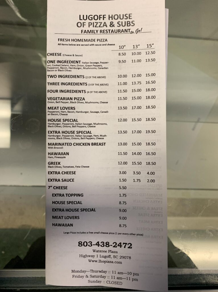 Lugoff House of Pizza & Subs Menu 2